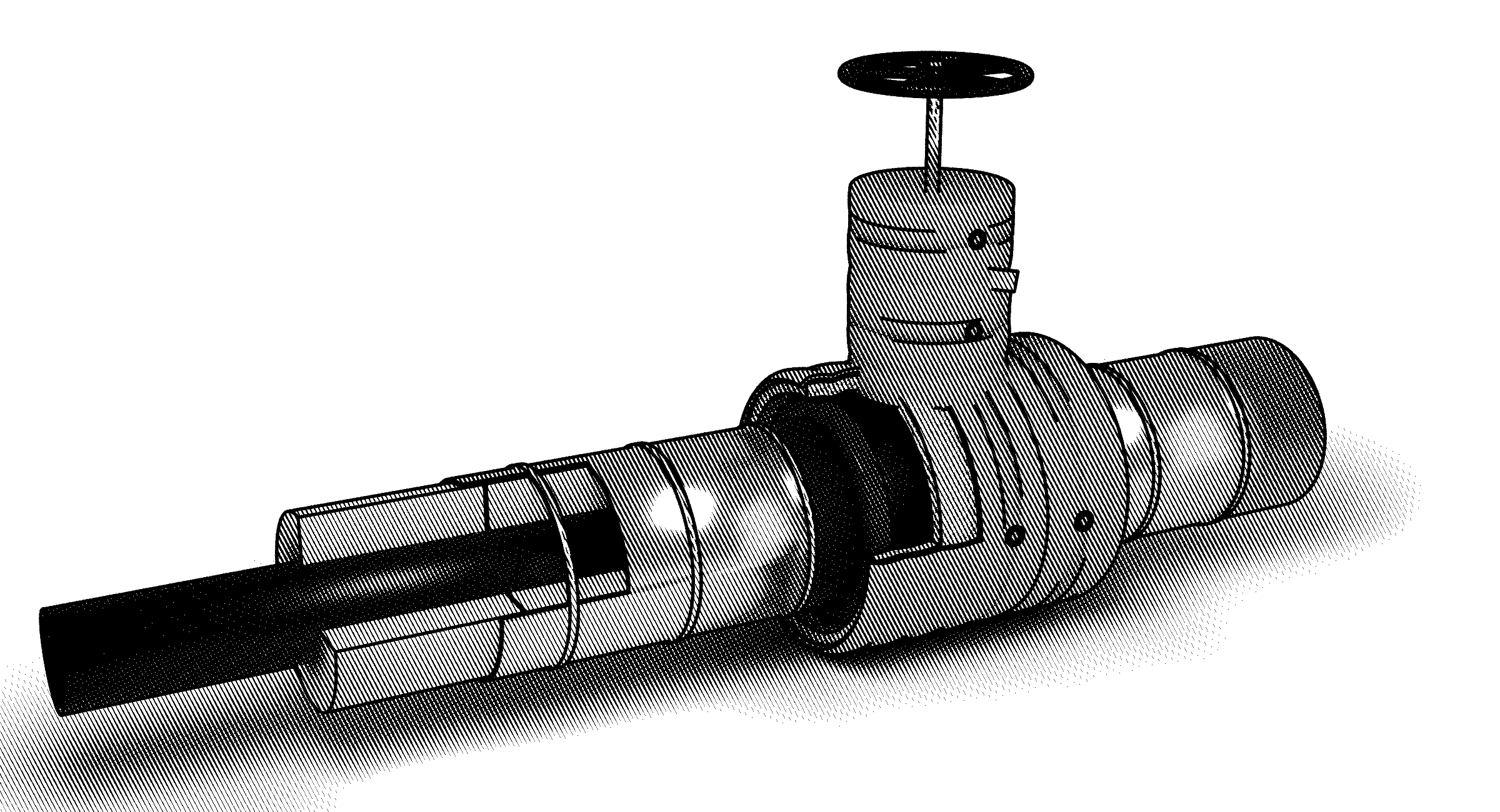 Engraving-style cutaway of a urethane-insulated pipe under aluminum jacket, with a gate valve in a quilted removable insulation blanket cut open to show the ceramic fiber core